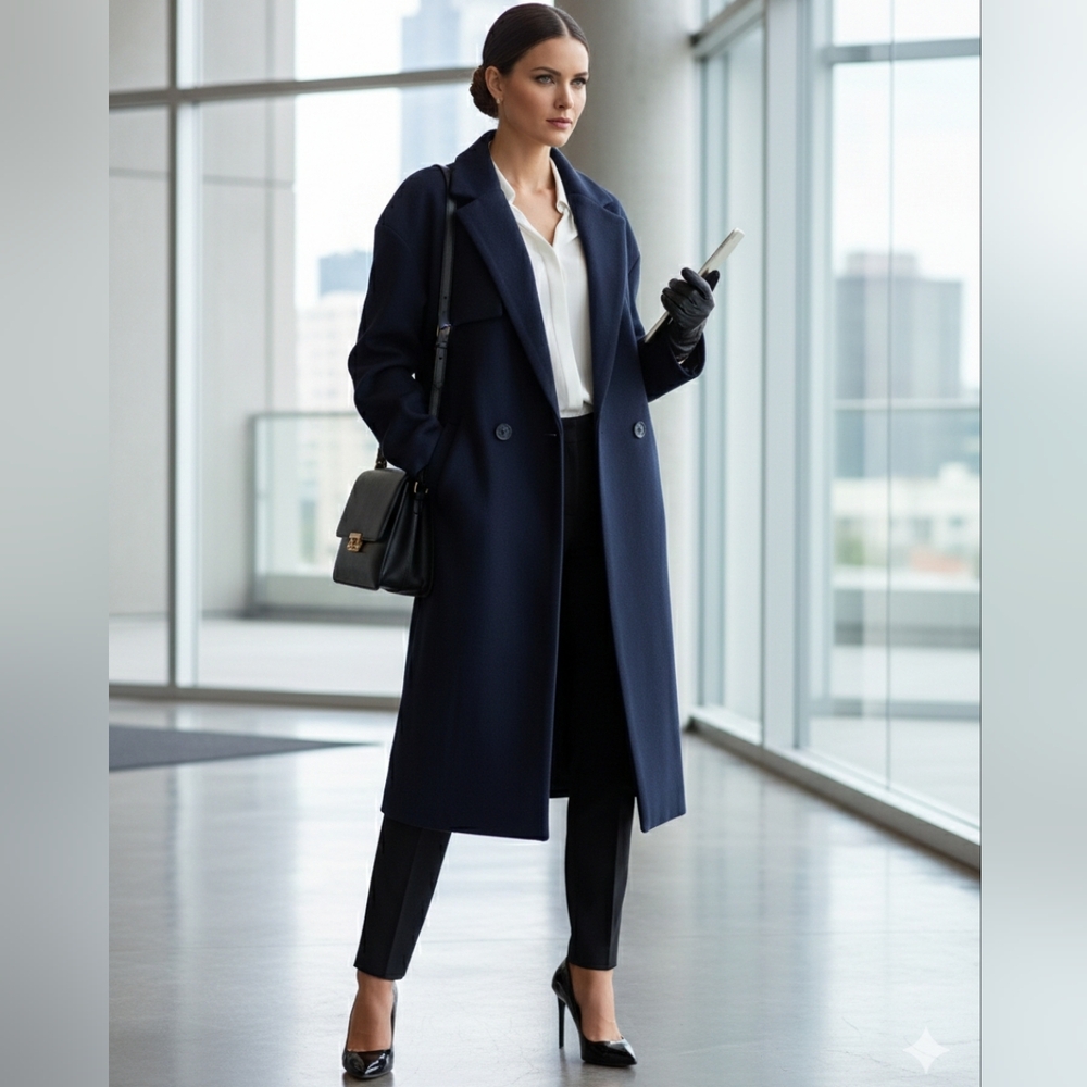 Chouyatou Elegant Navy Blue Overcoat Size‎ Medium